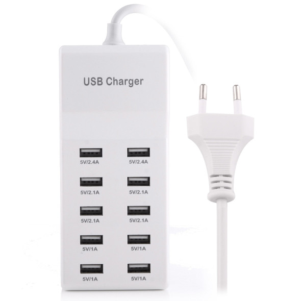 5V 2.4A/2.1A/1A 10-Port USB Charger Adapter, For iPhone, Galaxy, Huawei, Xiaomi, LG, HTC and other Smartphones, Rechargeable Devices, EU Plug(White)