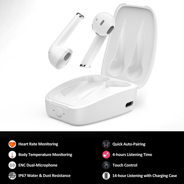 ASDIBUY HT01 TWS Heart Rate & Body Temperature Monitoring Digital Display Bluetooth Earphone(White)