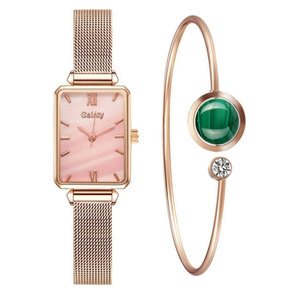 GAIETY G690 Retractable Magnet Buckle Ladies Mesh Belt Small Square Dial Bracelet Watch(Rose Gold Pink Dial + H138)