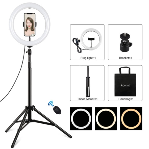 PULUZ 10.2 inch 26cm Light + 1.65m Tripod Mount Curved Surface USB 3 Modes Dimmable Dual Color Temperature Ring Vlogging Video Light Live Broadcast Kits with Phone Clamp & Selfie Remote Control(Black)