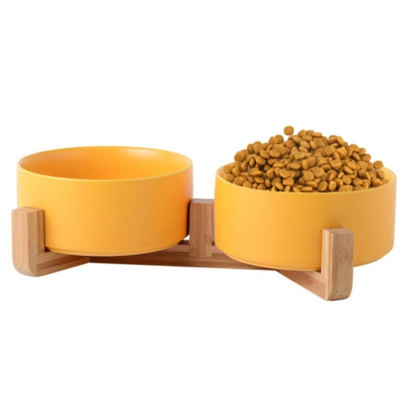 13cm/400ml Cat Bowl Dog Pot Pet Ceramic Bowl, Style:Double Bowl With Wooden Stand(Yellow)