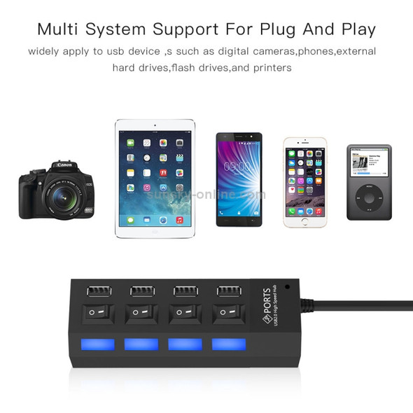 4 Ports USB Hub 2.0 USB Splitter High Speed 480Mbps with ON/OFF Switch, 4 LED(Black)