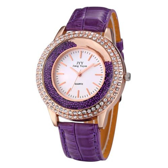 Flowing Beads Decoration Shiny Full Rhinestone Dial Fashion Women Quartz Watch with Leather Band(Purple)