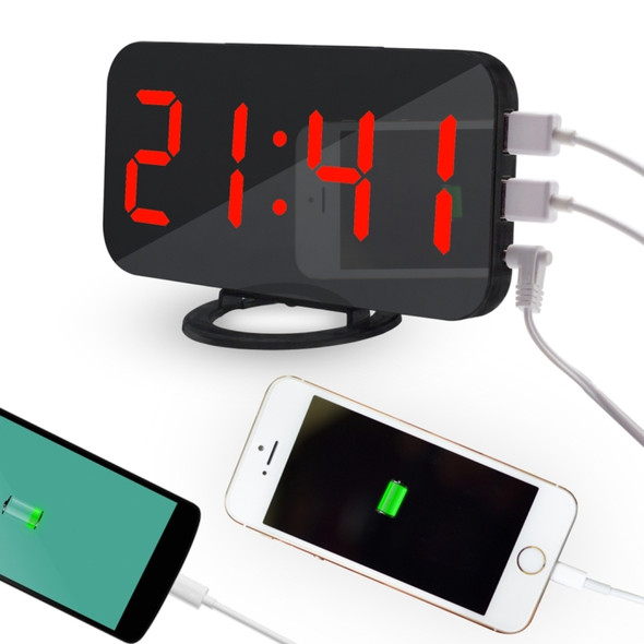 Multifunction Creative Mirror Reflective LED Display Alarm Clock with Snooze Function & 2 USB Charge Port(Red)