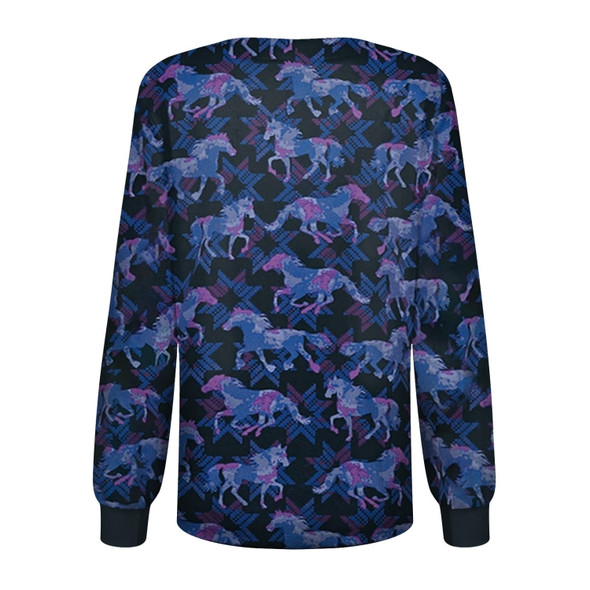 Round Neck Printed Nurse Clothes Long Sleeve Top (Color:Blue Size:XXL)