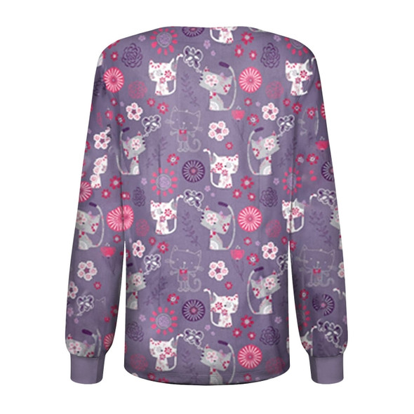 Round Neck Printed Nurse Clothes Long Sleeve Top (Color:Purple Size:XXL)