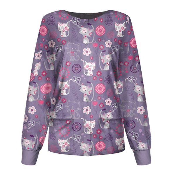 Round Neck Printed Nurse Clothes Long Sleeve Top (Color:Purple Size:XL)