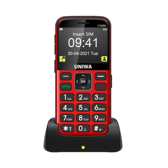 UNIWA V1000 4G Elder Mobile Phone, 2.31 inch, UNISOC TIGER T117, 1800mAh Battery, 21 Keys, Support BT, FM, MP3, MP4, SOS, Torch, Network: 4G, with Docking Base(Red)