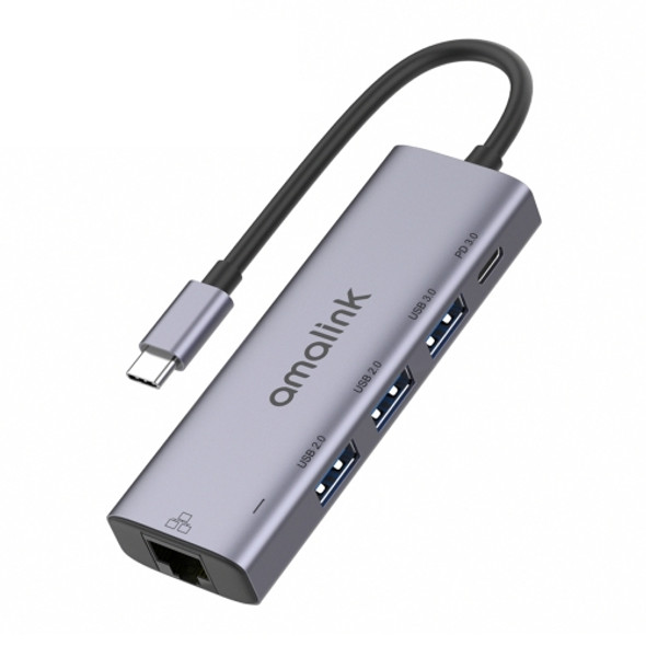 amalink 95121D Type-C / USB-C to RJ45 + 3 Ports USB + PD 3.0 Multi-function HUB(Grey)