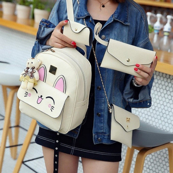 4 in 1 Rabbit pattern PU Leather Double Shoulders School Bag Travel Backpack Bag with Bear Doll Pendant (Beige)