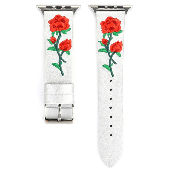 Embroidered Genuine Leather Wrist Watch Band with Stainless Steel Buckle for Apple Watch Series 3 & 2 & 1 38mm (White)