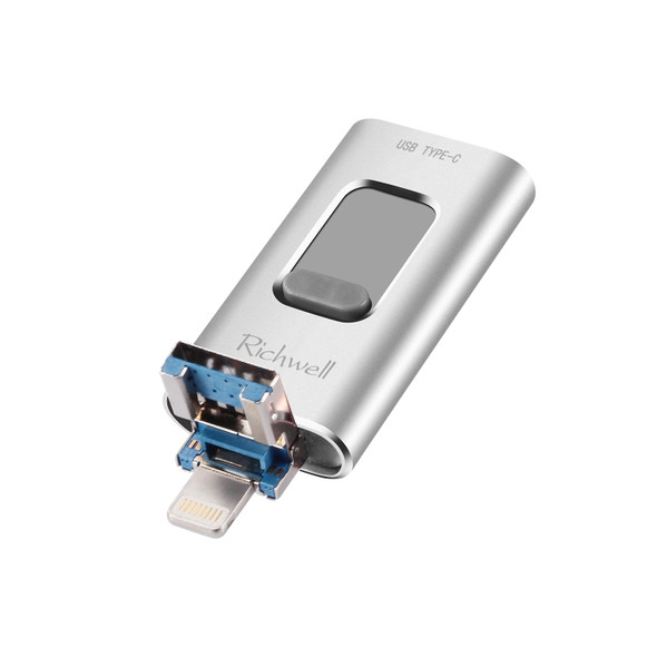 Richwell 3 in 1 64G Type-C + 8 Pin + USB 3.0 Metal Push-pull Flash Disk with OTG Function(Silver)
