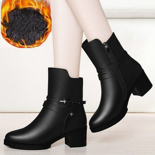Round Head Boots with Thick Side Zipper Boots and Velvet Boots, Size:39(Black Plus Velvet)