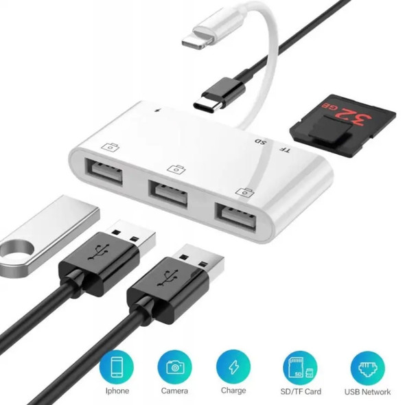 ZS-S1852 6 in 1 3 USB Female to 8 Pin Male OTG Camera Card Reader Adapter with SD & TF Card & 8 Pin Charging Interface, Compatible with IOS 13 System