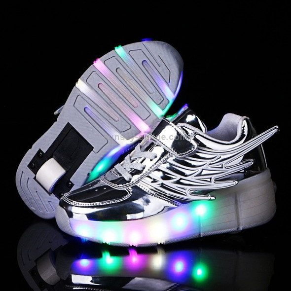 K02 LED Light Single Wheel Wing Roller Skating Shoes Sport Shoes, Size : 33 (Silver)