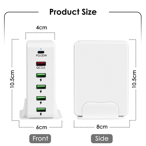 6 in 1 65W PD USB-C / Type-C + QC 3.0 USB + 4 USB Multi-port Travel Charger, US Plug(White)