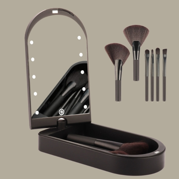 Led Makeup Mirror & 6 PCS Makeup Brushes Set Foldable Rotating Makeup Mirror Box Makeup Tools(Black )