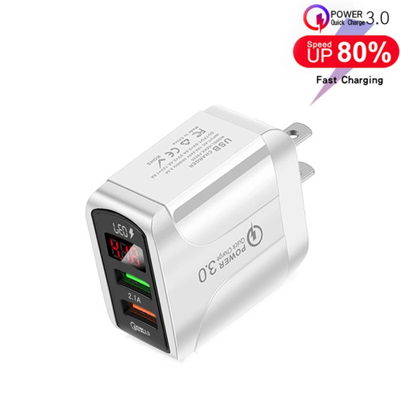 F002C QC3.0 USB + USB 2.0 Fast Charger with LED Digital Display for Mobile Phones and Tablets, US Plug(White)