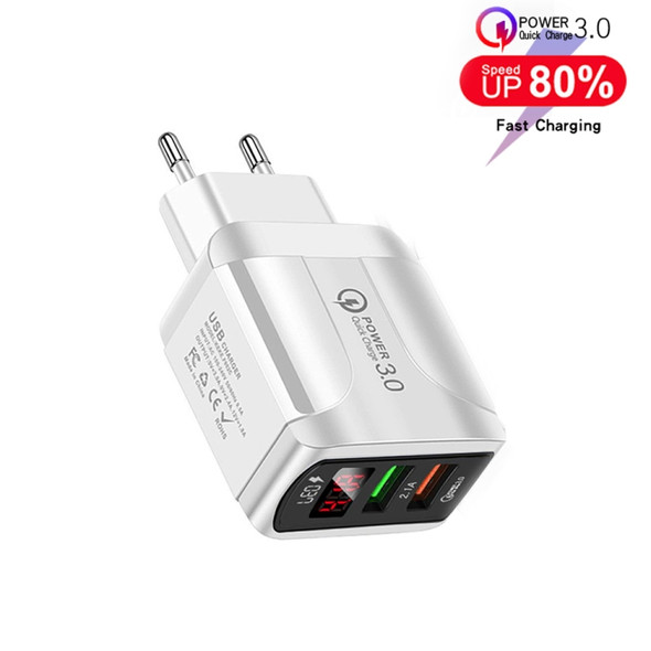 F002C QC3.0 USB + USB 2.0 Fast Charger with LED Digital Display for Mobile Phones and Tablets, EU Plug(White)