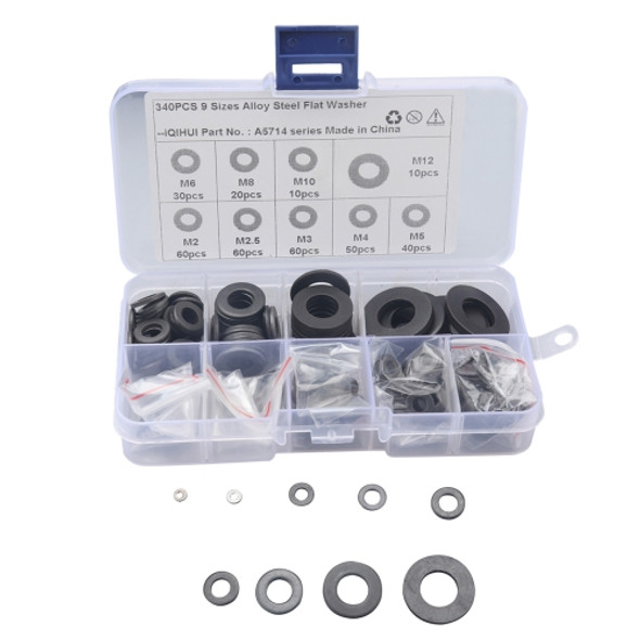 A5714 340 PCS 9 Sizes Black Carbon Steel Flat Washers Set