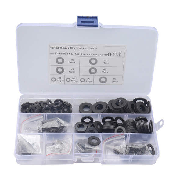 A5715 480 PCS 8 Sizes Black Carbon Steel Flat Washers Set