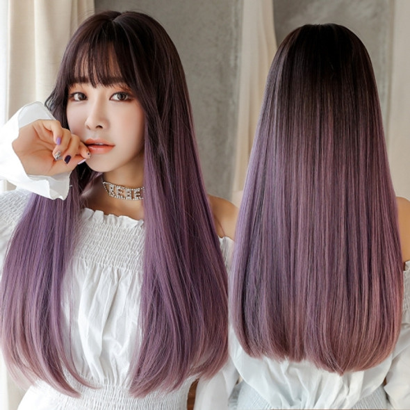 Realistic Long Straight Hair Wig Synthetic Fiber Headgear For Women, Style:Long Pink Purple Three Color Gradient 67CM