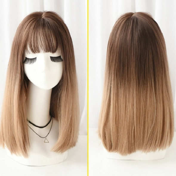 Realistic Long Straight Hair Wig Synthetic Fiber Headgear For Women, Style:Short Chocolate Gradient Light Tea 45CM