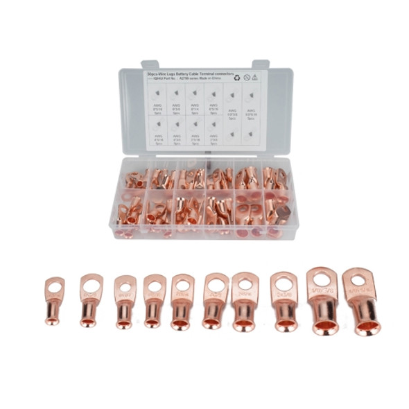 50 PCS Wire Terminals Connector Cable Lugs AWG T2 Copper Heavy-duty Cold-pressed Battery Cable Ends