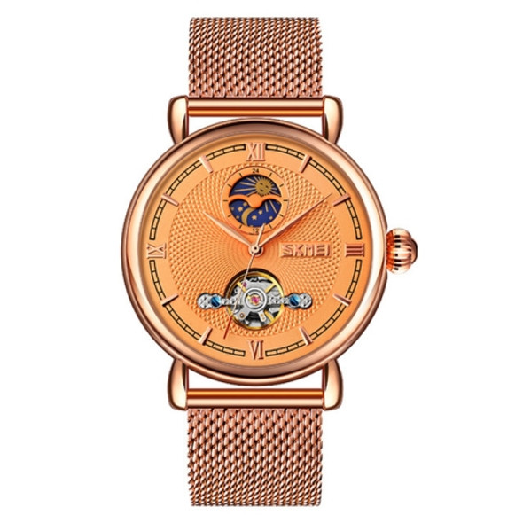 Skmei 9220 Men Mesh Belt Automatic Hollow Mechanical Watch Student Watch (Rose Gold Shell Gold Face)