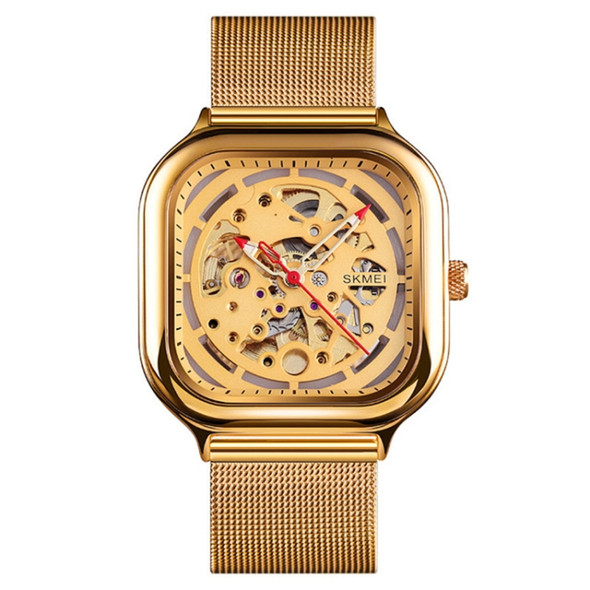 SKMEI 9184 Men Automatic Mechanical Watch Mesh with Hollow Square Tourbillon Student Watch (Gold)