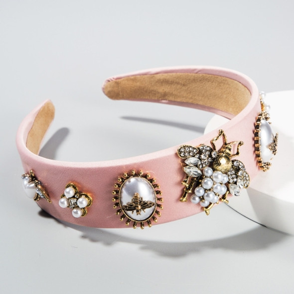 Bee Inlaid Rhinestone Headband Pearl Headband Widen Brim Headband(Pink)