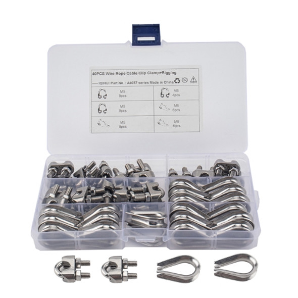 40 PCS M5 304 Stainless Steel Wire Rope Cable Clip Clamp with Thimble Triangle Ring