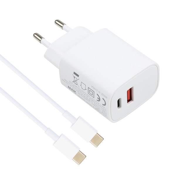 T087 20W USB-C / Type-C + USB Ports Charger with 100W Type-C to Type-C Fast Charging Cable 1m, EU Plug