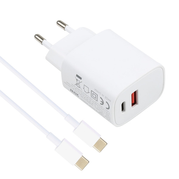 T087 20W USB-C / Type-C + USB Ports Charger with 100W Type-C to Type-C Fast Charging Cable 2m, EU Plug