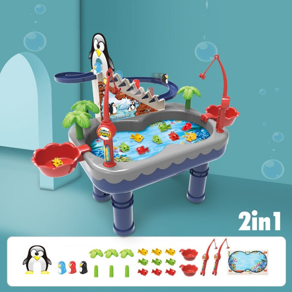 Penguin Stair Climbing Children Electric Magnetic Fishing Toy Multifunctional Game Set(Blue )