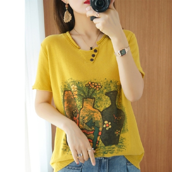 V-neck Printed Knitted Short-sleeved Loose Bottoming Shirt (Color:Yellow Size:Free Size)