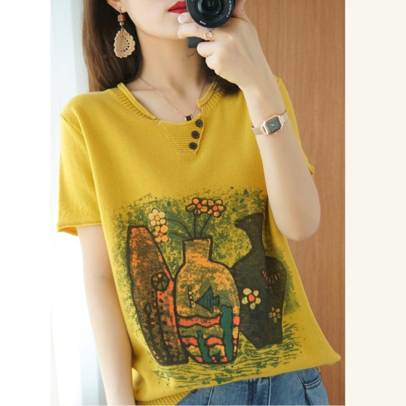 V-neck Printed Knitted Short-sleeved Loose Bottoming Shirt (Color:Yellow Size:Free Size)