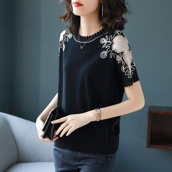 Summer Short-sleeved T-shirt Knitted Loose Ice Silk Bottoming Shirt (Color:Black Size:Free Size)