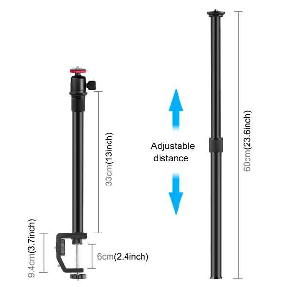 PULUZ C Clamp Mount Light Stand Extension Central Shaft Rod Monopod Holder Kits with Ball-Head, Rod Length: 33-60cm(Black)