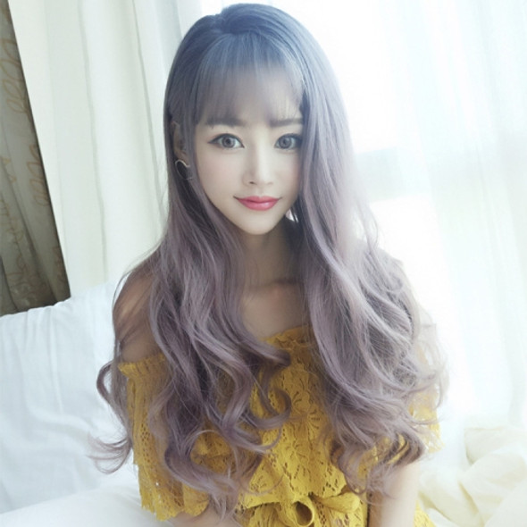 Wig Female Big Wave Long Curly Hair Pear Flower Air Bangs Chemical Fiber Wig Headgear(Thin Color 62CM)