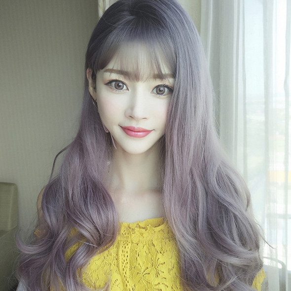 Wig Female Big Wave Long Curly Hair Pear Flower Air Bangs Chemical Fiber Wig Headgear(Thin Color 62CM)