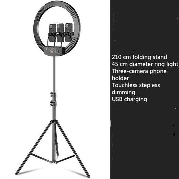 18 inch+3 Phone Clips Dimmable Color Temperature LED Ring Fill Light Live Broadcast Set With 2.1m Tripod Mount, CN Plug