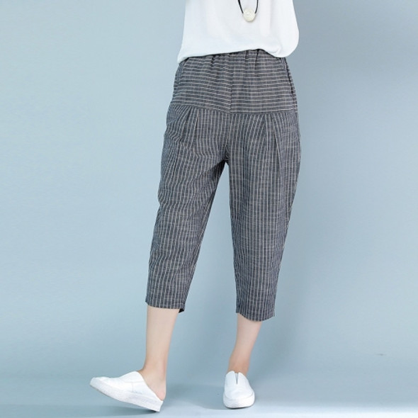 Women Vertical Stripes Cotton Linen Elastic Waist Loose Harem Cropped Pants (Color:As Show Size:M)