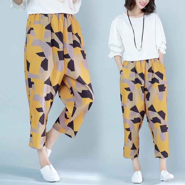 Women Casual Plus Size Harlan Square Elastic Waist Cropped Trousers (Color:Yellow Size:M)