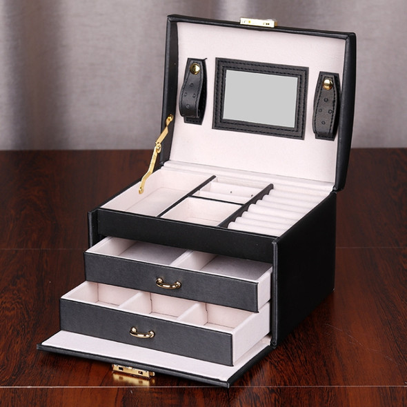PU Leather Three-Layer Jewelry Box Storage Display Packaging Box, Colour: Rain Silk Texture (Black)