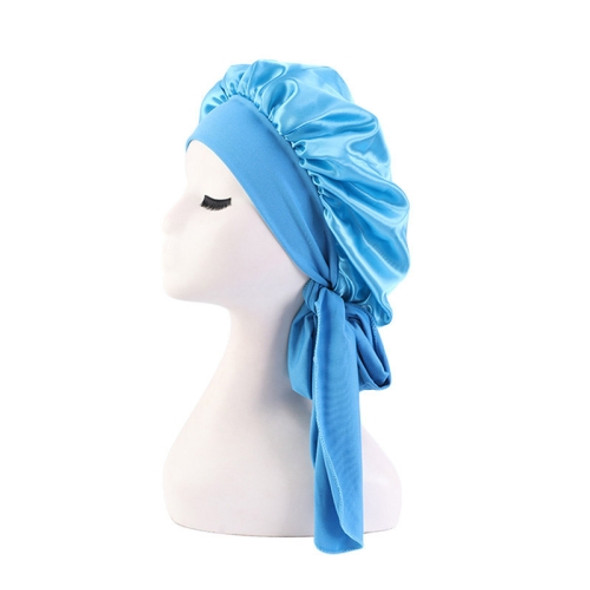 3 PCS TJM-301-1 Faux Silk Adjustable Stretch Wide-Brimmed Night Hat Satin Ribbon Round Hat Shower Cap Hair Care Hat, Size: Free Size(Sky Blue)