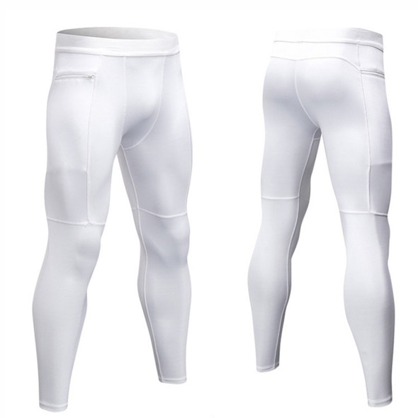 Zipper Pocket Fitness Running Training Sweat Wicking Quick Dry High Stretch Tights (Color:White Size:S)