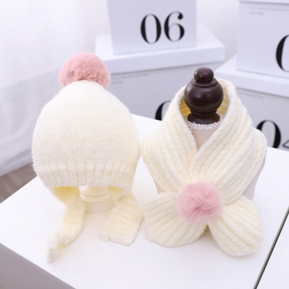 C0105 Little Fur Ball Children Knitted Hat Autumn And Winter Baby Hat Simple Warm Hat Scarf Set(Milky White)