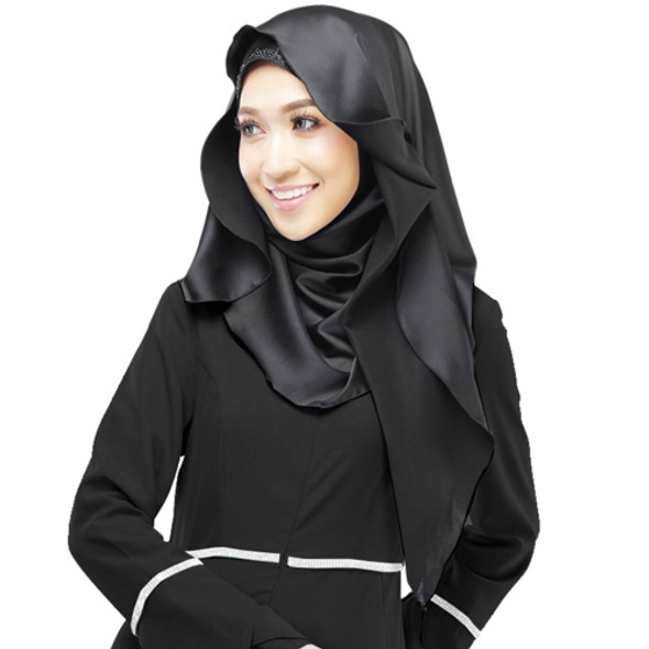 Women Muslim Retro Nation Solid Color Satin Hijab Head Long Scarf (Color:Black Size:Free Size)