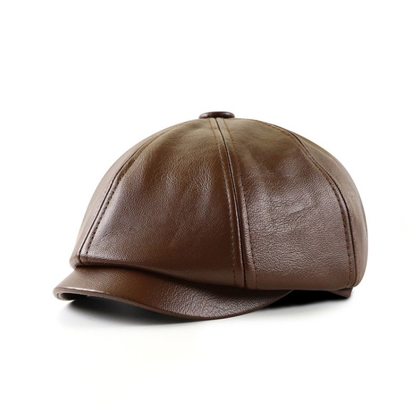 15382 PU Leather Octagonal Hat Winter Outdoor Warm Cap Retro Beret, Size:One Size(Light Coffee)